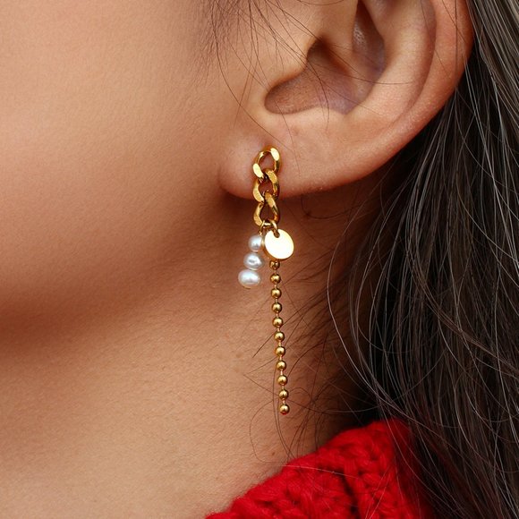 Asymmetrical Dainty Drop Pearl Earrings 18K Gold Plated Stainless Steel - Picture 5 of 11